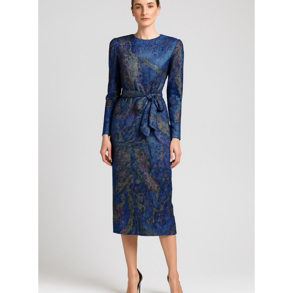 Hanae Mori Boutique Vintage Multicolor Print Silk Long Sleeve Dress Size 8